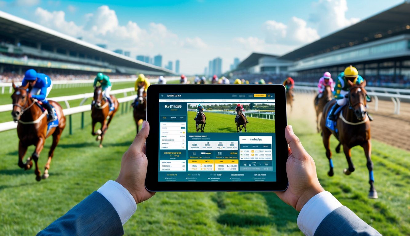 Seseorang memegang perangkat digital dengan latar belakang pacuan kuda yang sedang berlangsung di lintasan balap.