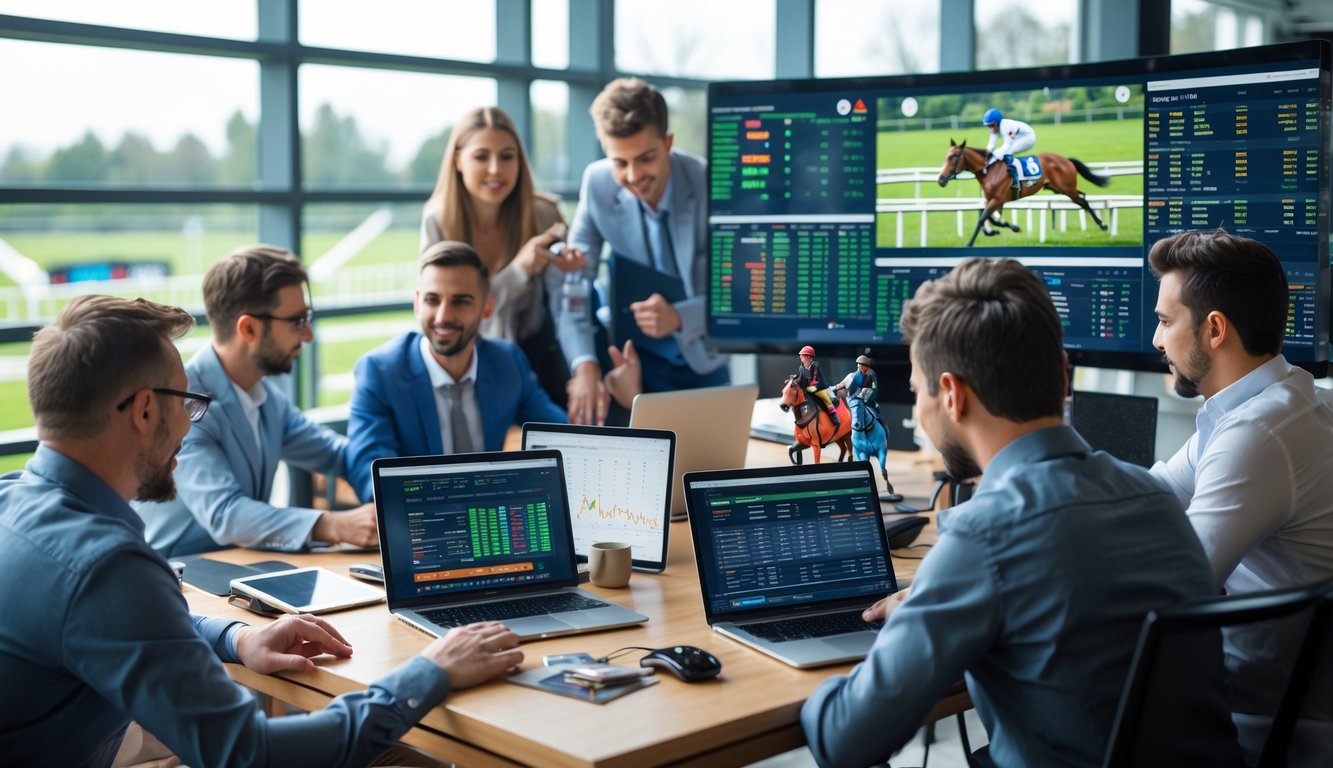 Sekelompok orang menggunakan laptop dan tablet untuk melihat data dan siaran langsung pacuan kuda di sebuah ruangan modern yang terang.