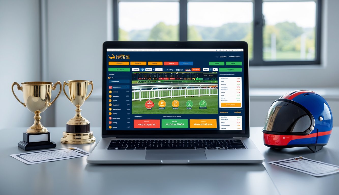 Seorang pengguna sedang melihat situs taruhan pacuan kuda online di laptop dengan perlengkapan terkait pacuan kuda di meja.