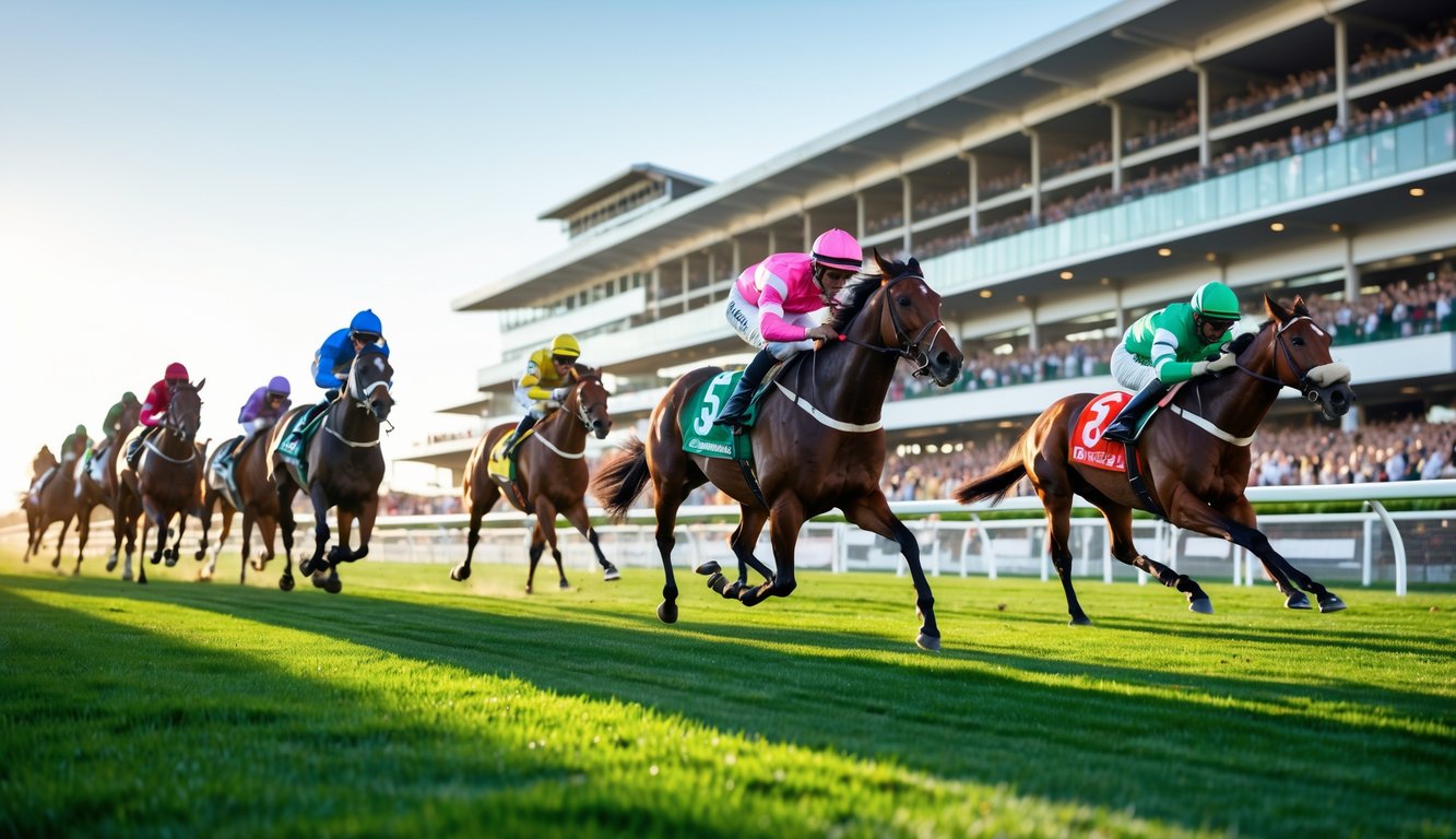 Lomba pacuan kuda dengan beberapa kuda dan joki sedang berlari cepat di lintasan hijau, penonton terlihat di tribun di latar belakang.