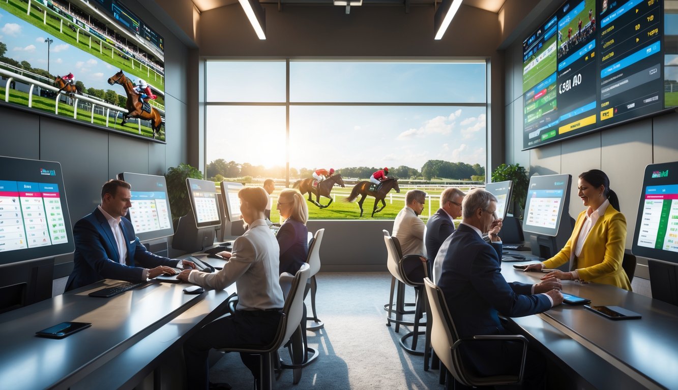 Orang-orang sedang memasang taruhan pacuan kuda di kantor taruhan dengan layar digital dan pemandangan pacuan kuda di luar jendela.