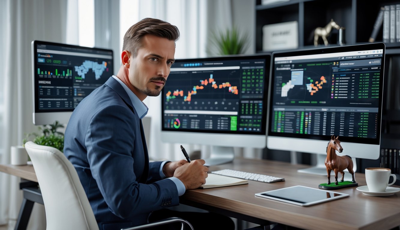 Seorang pria duduk di meja dengan beberapa layar komputer menampilkan data pacuan kuda, terlihat fokus menganalisis strategi taruhan.