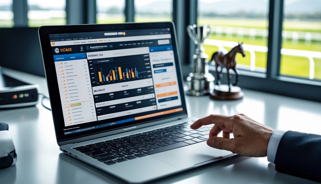 Seseorang menggunakan laptop untuk memasang taruhan pacuan kuda online di sebuah meja kerja dengan dekorasi terkait pacuan kuda.