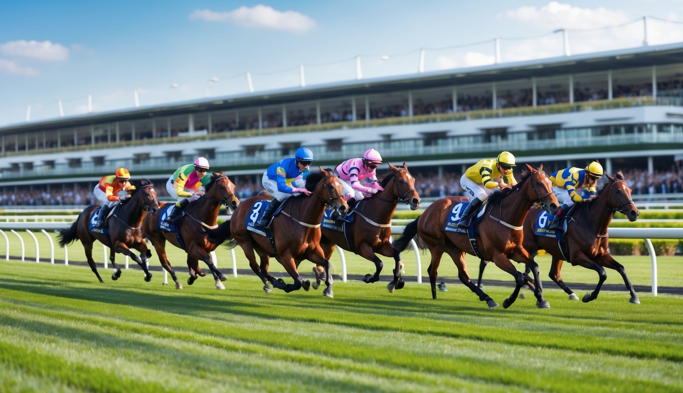 Beberapa kuda pacuan sedang berlari kencang di lintasan dengan joki mengenakan pakaian warna-warni, di depan tribun penonton yang ramai.