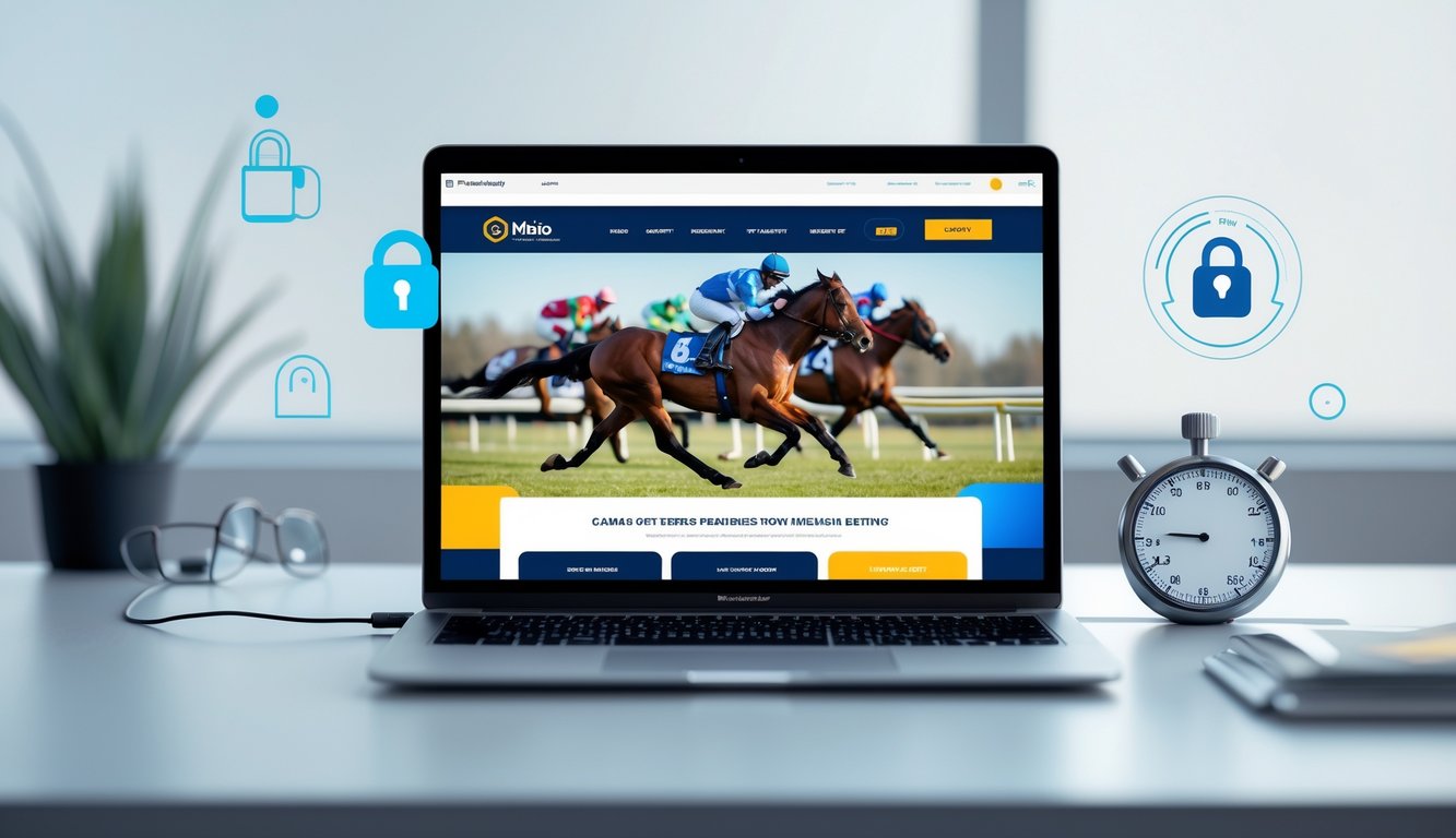 Seorang pengguna di depan laptop dengan tampilan situs taruhan pacuan kuda online, dikelilingi simbol keamanan dan kecepatan.
