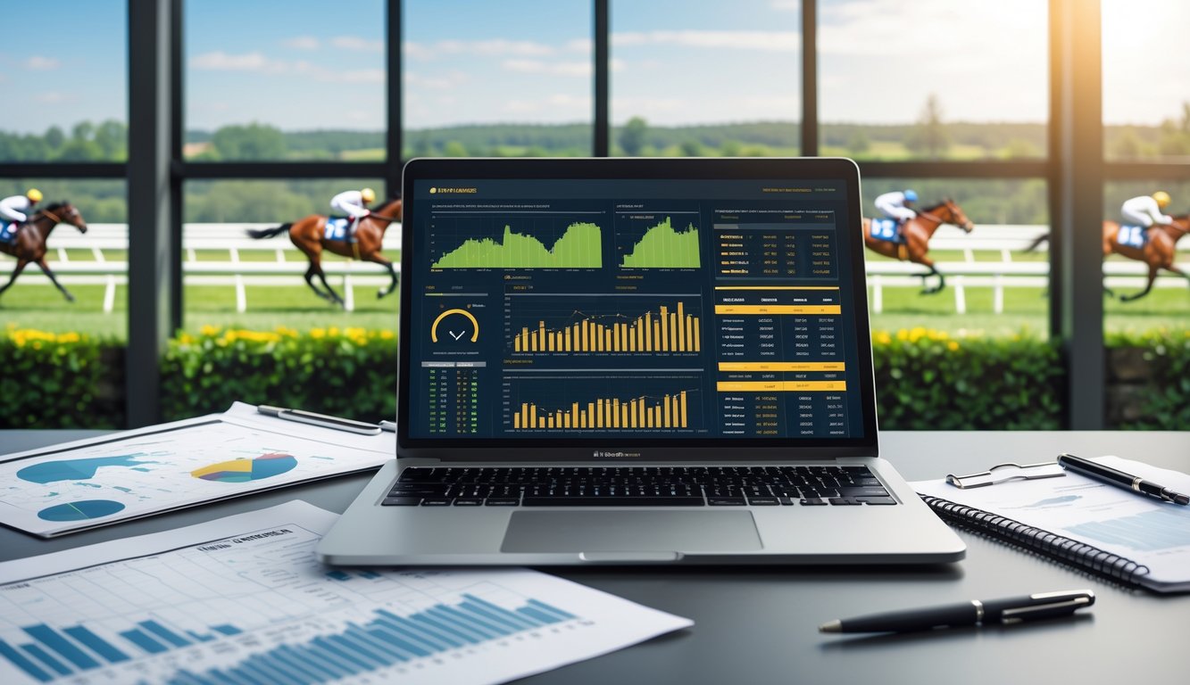 Seorang profesional sedang menganalisis statistik pacuan kuda di depan laptop dengan latar belakang pacuan kuda yang sedang berlangsung.