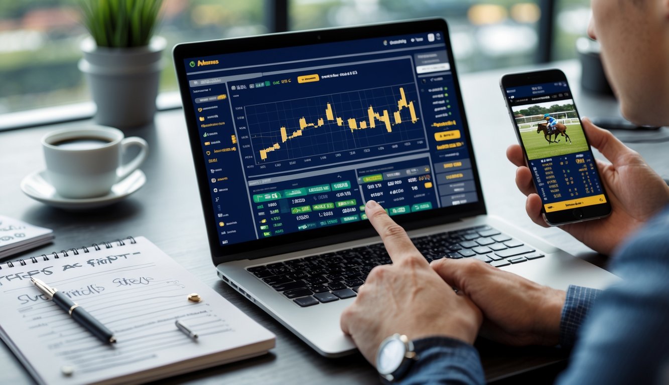 Seseorang menggunakan laptop dan tablet untuk menganalisis statistik dan menonton pacuan kuda secara online di meja kerja.