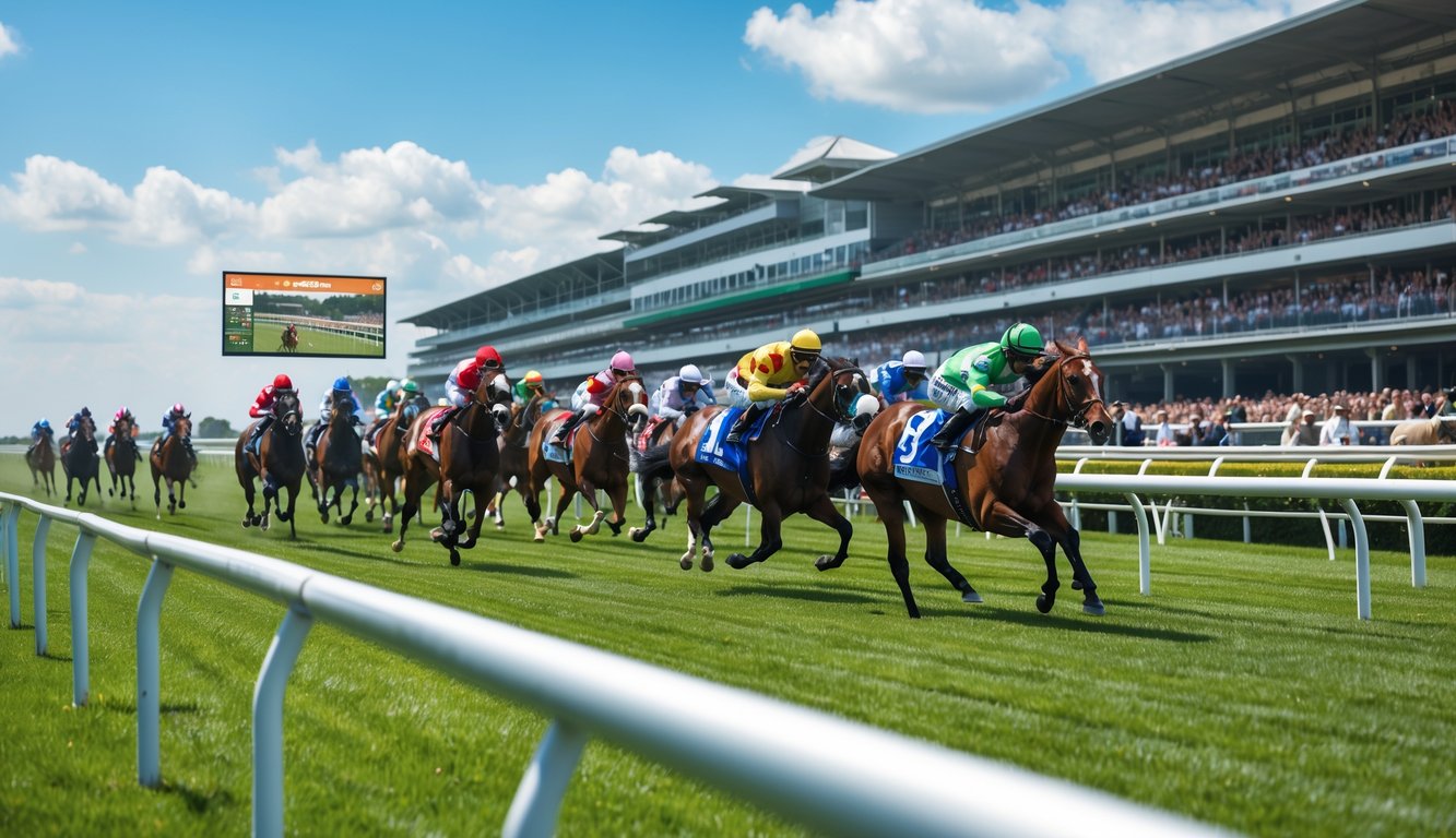Beberapa kuda pacu dengan joki berwarna-warni berlari di lintasan dengan penonton di tribun dan layar besar menampilkan siaran langsung balapan.