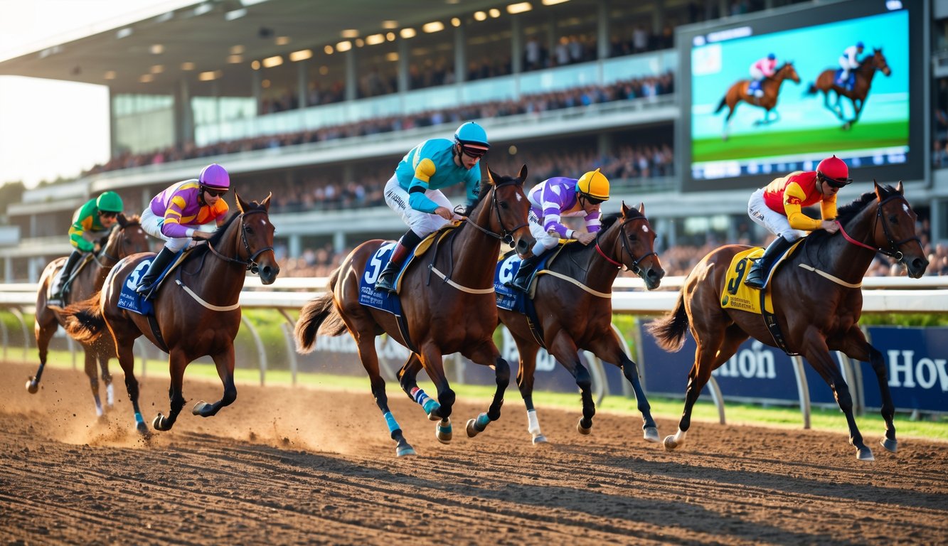 Beberapa kuda pacuan dengan joki berwarna-warni berlari cepat di lintasan pacuan dengan layar besar menampilkan siaran langsung balapan dan penonton bersorak di tribun.