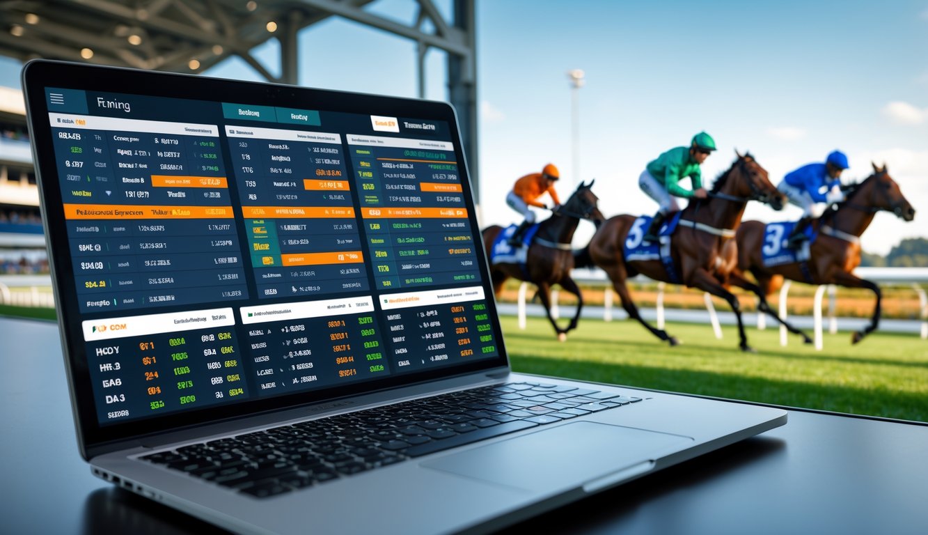 Layar komputer menampilkan pasar taruhan pacuan kuda internasional dengan latar belakang balapan kuda yang sedang berlangsung.
