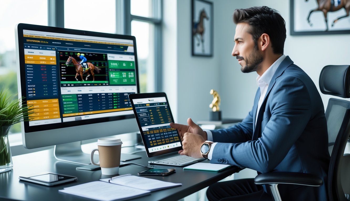 Seorang pria profesional sedang menganalisis strategi taruhan pacuan kuda online menggunakan beberapa perangkat digital di kantor modern.