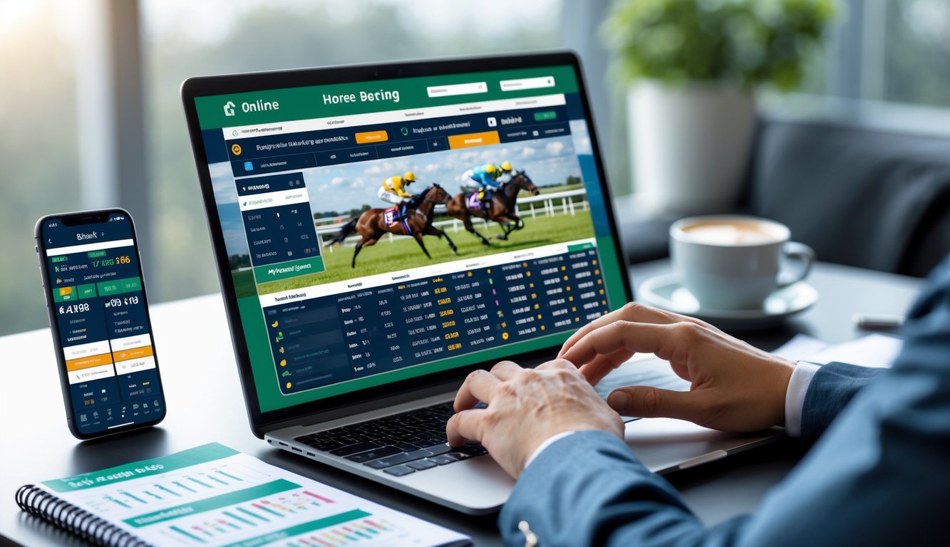 Seseorang menggunakan laptop dan ponsel untuk memasang taruhan pacuan kuda online di meja kerja dengan catatan dan kopi.