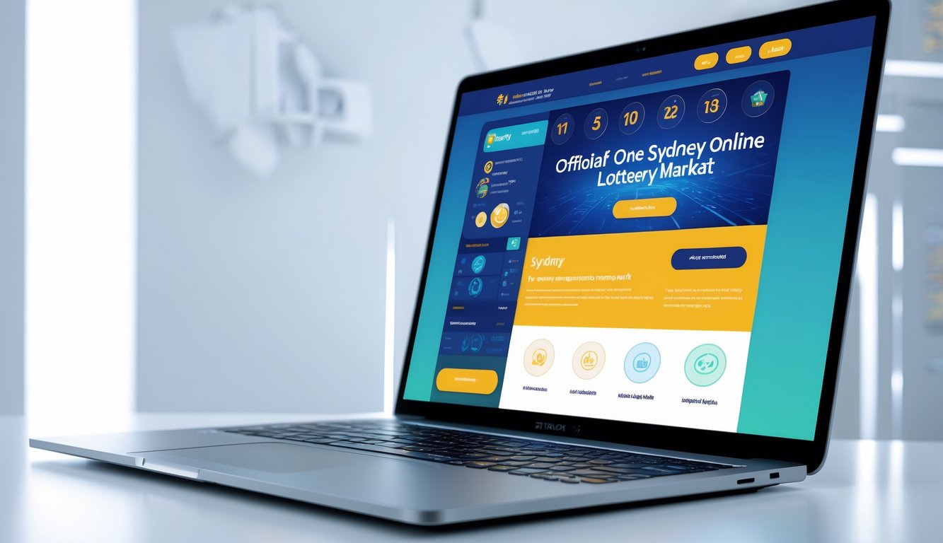 Sebuah laptop menampilkan situs lotere online dengan latar belakang yang bersih dan elemen yang mewakili pasar lotere Sydney.