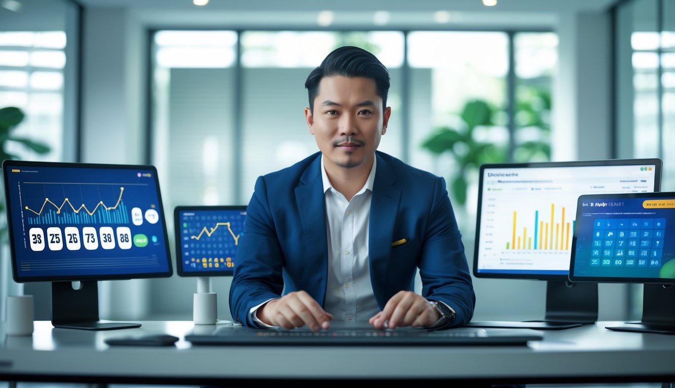 Seorang pria Asia Tenggara duduk di meja modern dengan beberapa perangkat digital yang menampilkan grafik dan angka lotere di kantor kontemporer.