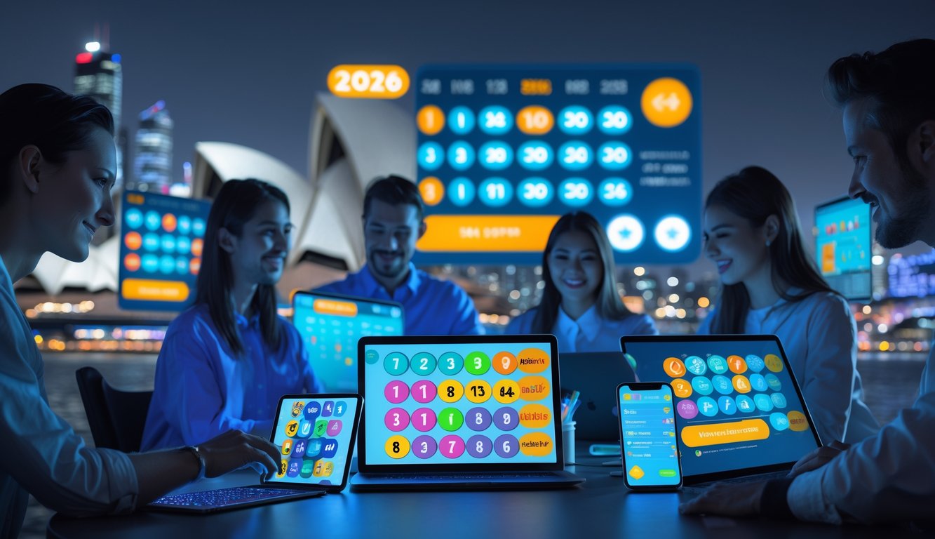 Orang-orang menggunakan perangkat digital dengan latar belakang siluet Sydney, menunjukkan suasana permainan lotere online.