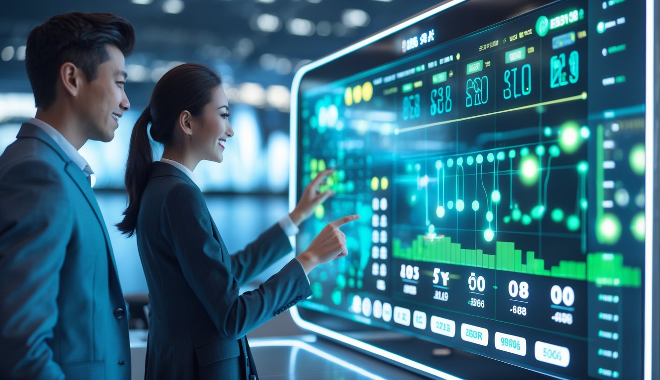 Dua orang muda sedang menggunakan layar sentuh digital yang menampilkan angka dan grafik lotere dengan latar belakang samar siluet Sydney.
