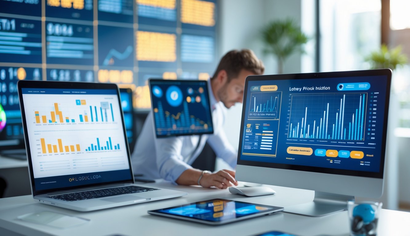 Seseorang sedang menganalisis data di depan beberapa layar komputer di ruang kerja modern yang terang dan rapi.