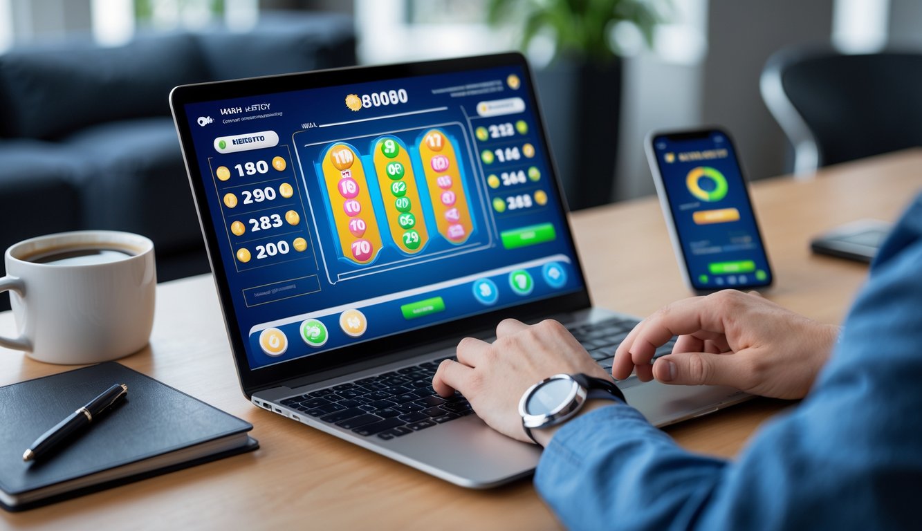 Seseorang menggunakan laptop di meja kerja dengan tampilan antarmuka permainan togel online dan alat tulis di sekitar.