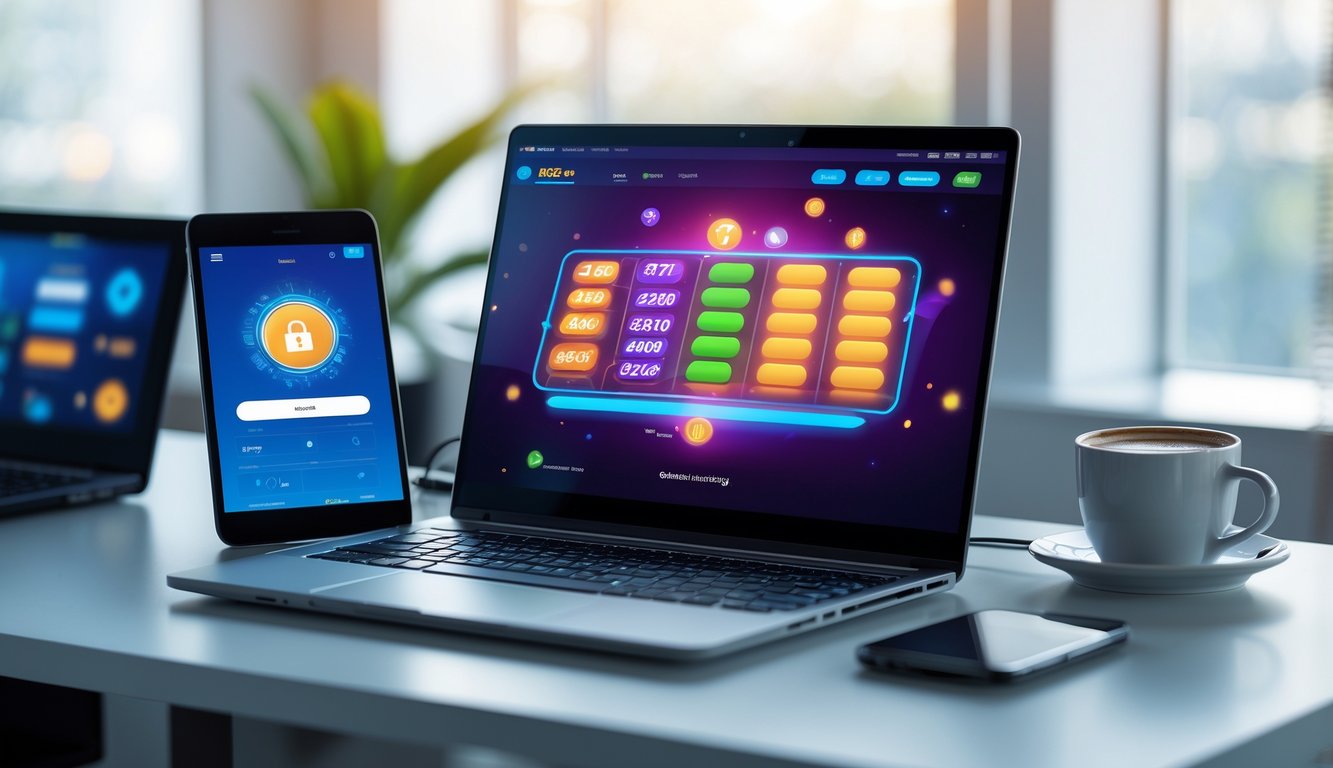 Meja kerja modern dengan laptop menampilkan antarmuka permainan online, ponsel dengan ikon keamanan, dan router internet di latar belakang.