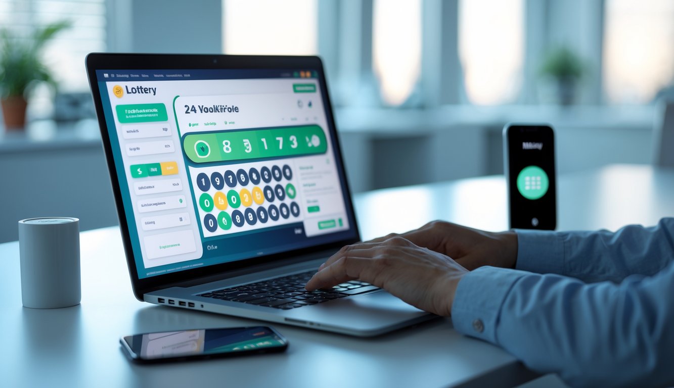 Seseorang menggunakan laptop di meja kerja dengan pemandangan antarmuka digital lotere online, di ruang kantor yang rapi dan terang.