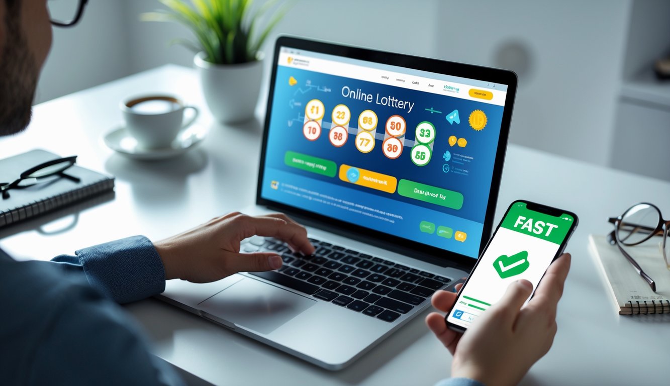 Seseorang menggunakan laptop dan ponsel di meja kerja yang rapi dengan suasana profesional.