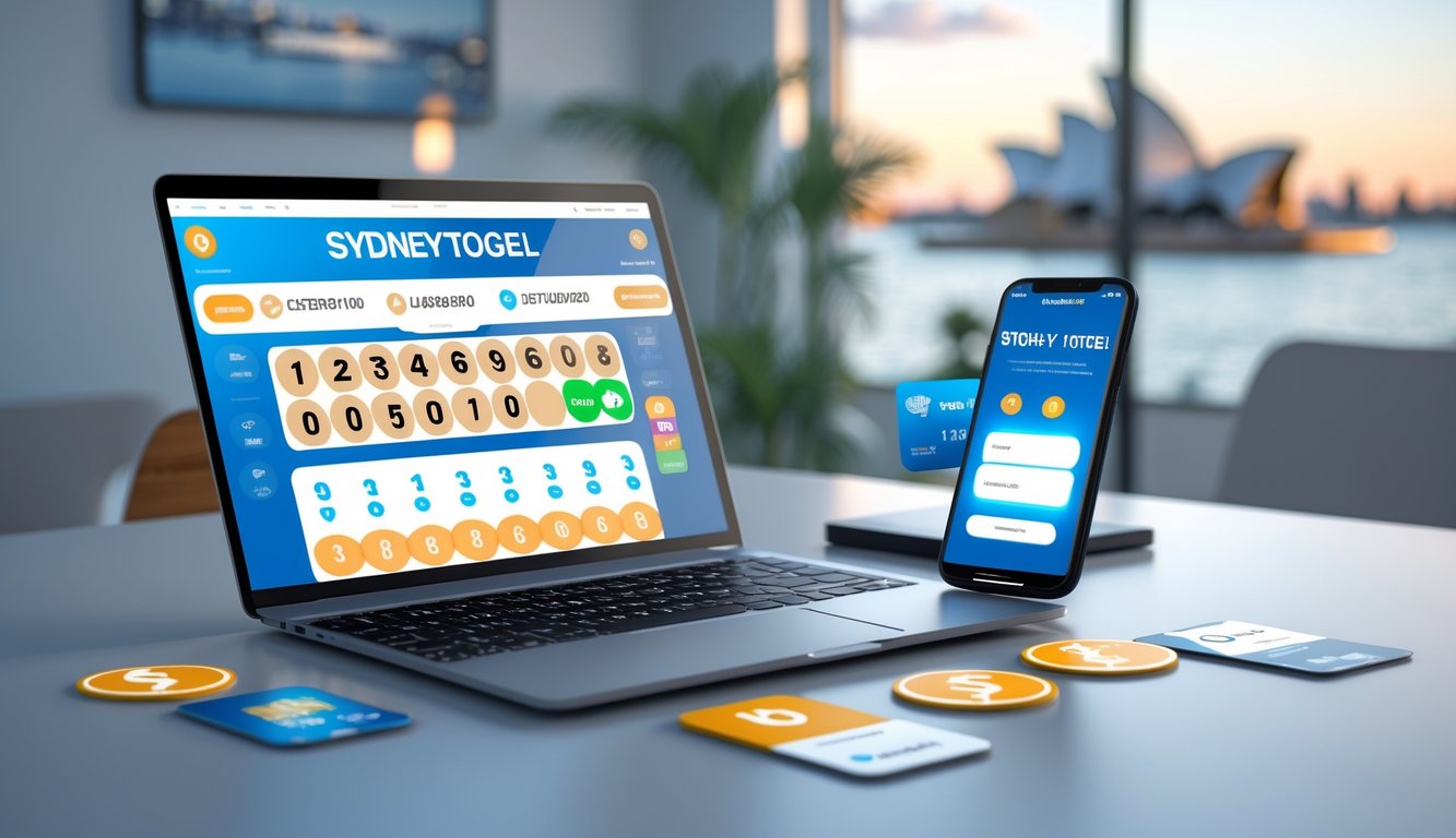 Seorang profesional menggunakan laptop di meja kerja dengan tampilan antarmuka lotere digital dan pemandangan kota Sydney di latar belakang.