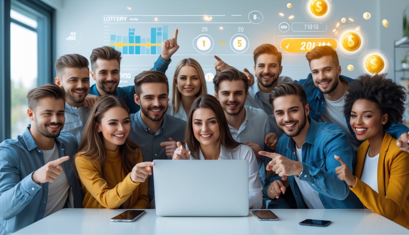 Sekelompok orang muda sedang menggunakan laptop dan ponsel untuk bermain lotere online di ruang kerja yang terang dan modern.