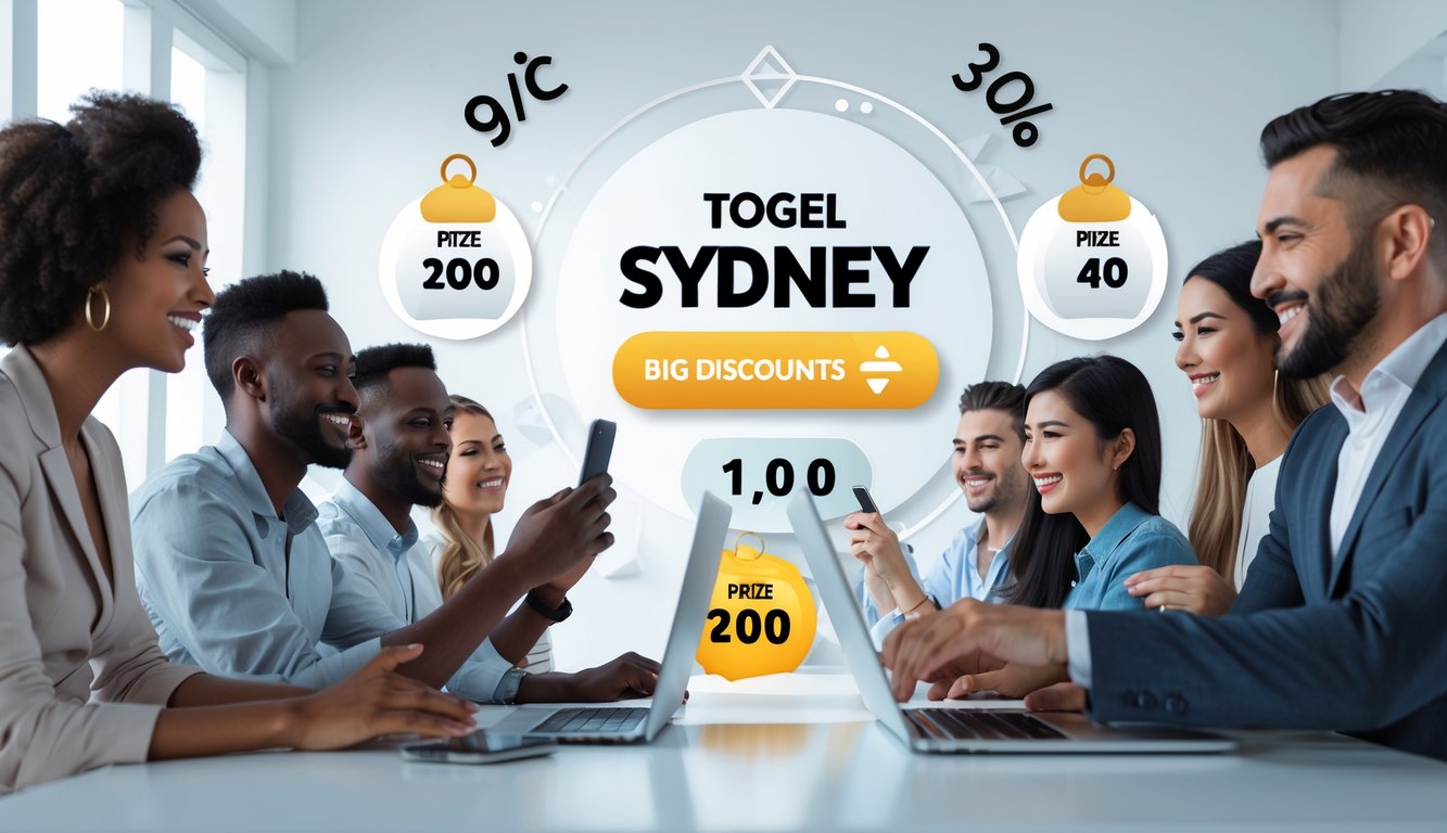 Orang-orang menggunakan perangkat digital dengan ekspresi antusias, dikelilingi simbol angka lotere dan ikon hadiah.