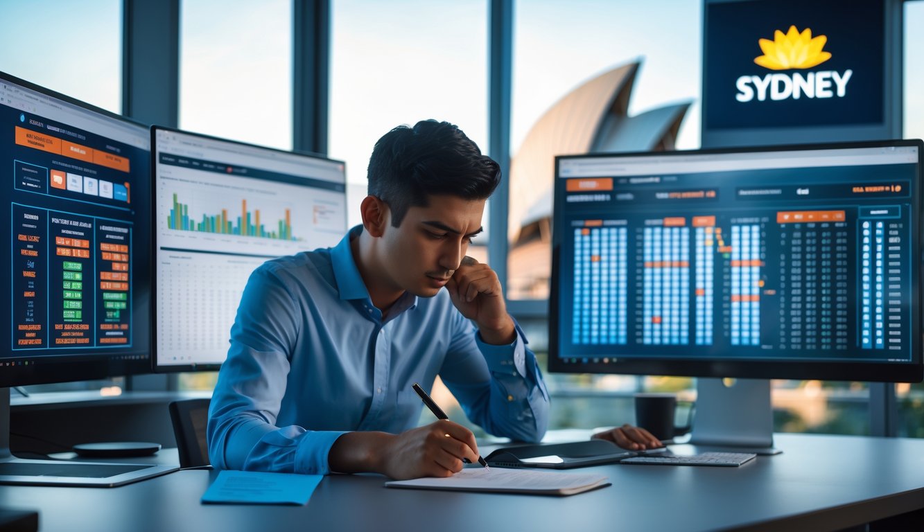 Seseorang duduk di meja kerja dengan beberapa layar komputer menampilkan grafik dan angka togel, sambil mencatat di buku catatan dengan latar belakang pemandangan Sydney.