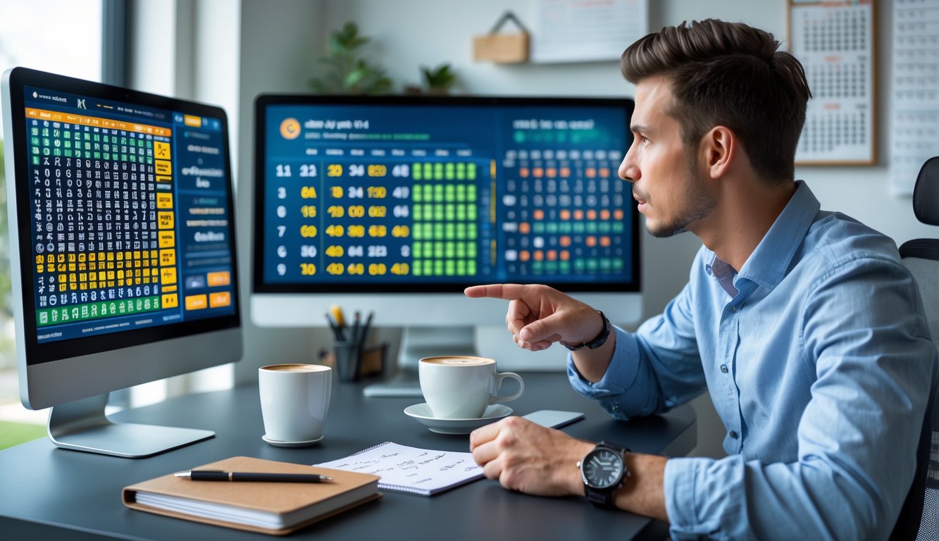 Seorang pria muda duduk di meja kerja dengan komputer dan tablet, fokus menganalisis grafik dan angka untuk strategi menang togel online.