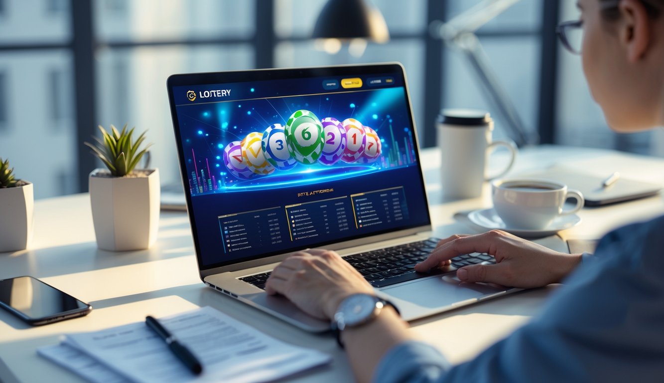 Sebuah ruang kerja modern dengan laptop yang menampilkan hasil langsung dan grafik statistik togel online.