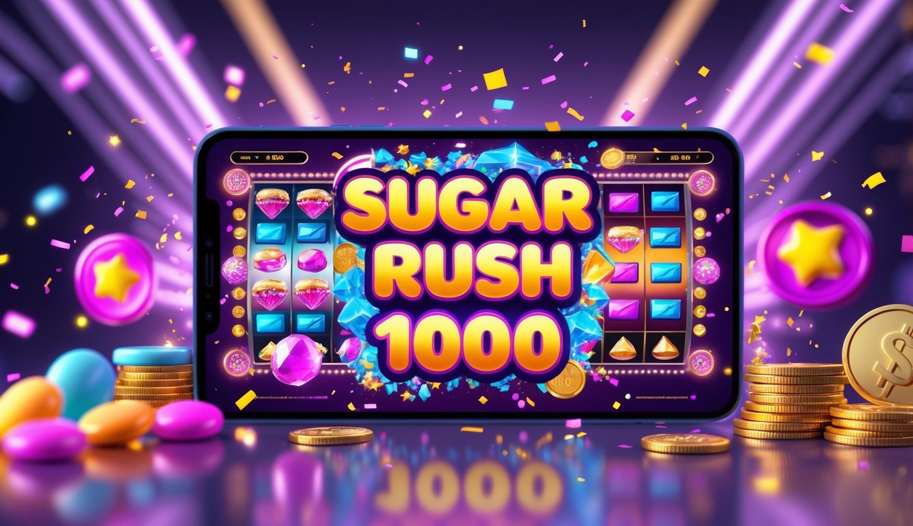 Antarmuka permainan online bertema permen berwarna cerah dengan elemen slot dan koin yang berkilauan, menggambarkan suasana kemenangan dan kesenangan.