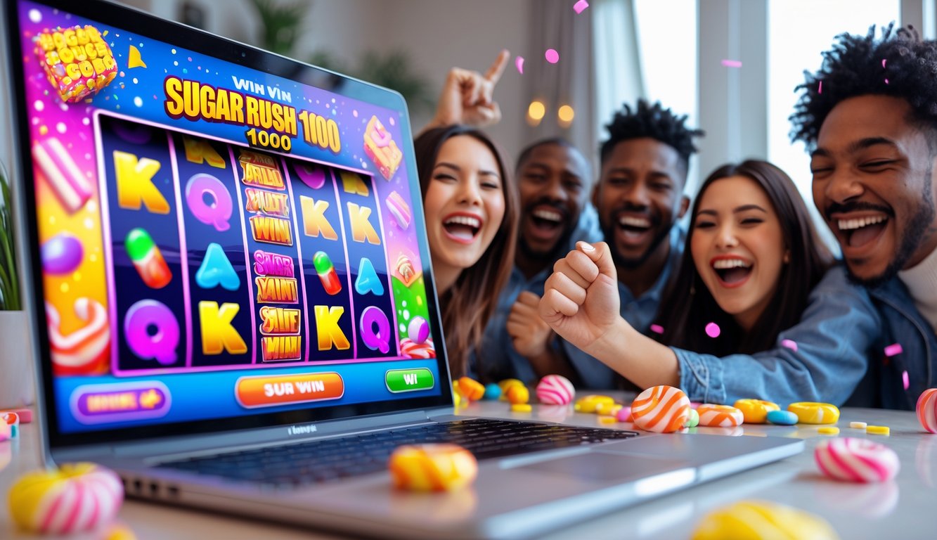 Beberapa orang muda sedang merayakan kemenangan saat bermain permainan slot bertema permen di layar perangkat digital dalam suasana santai di rumah atau kafe.