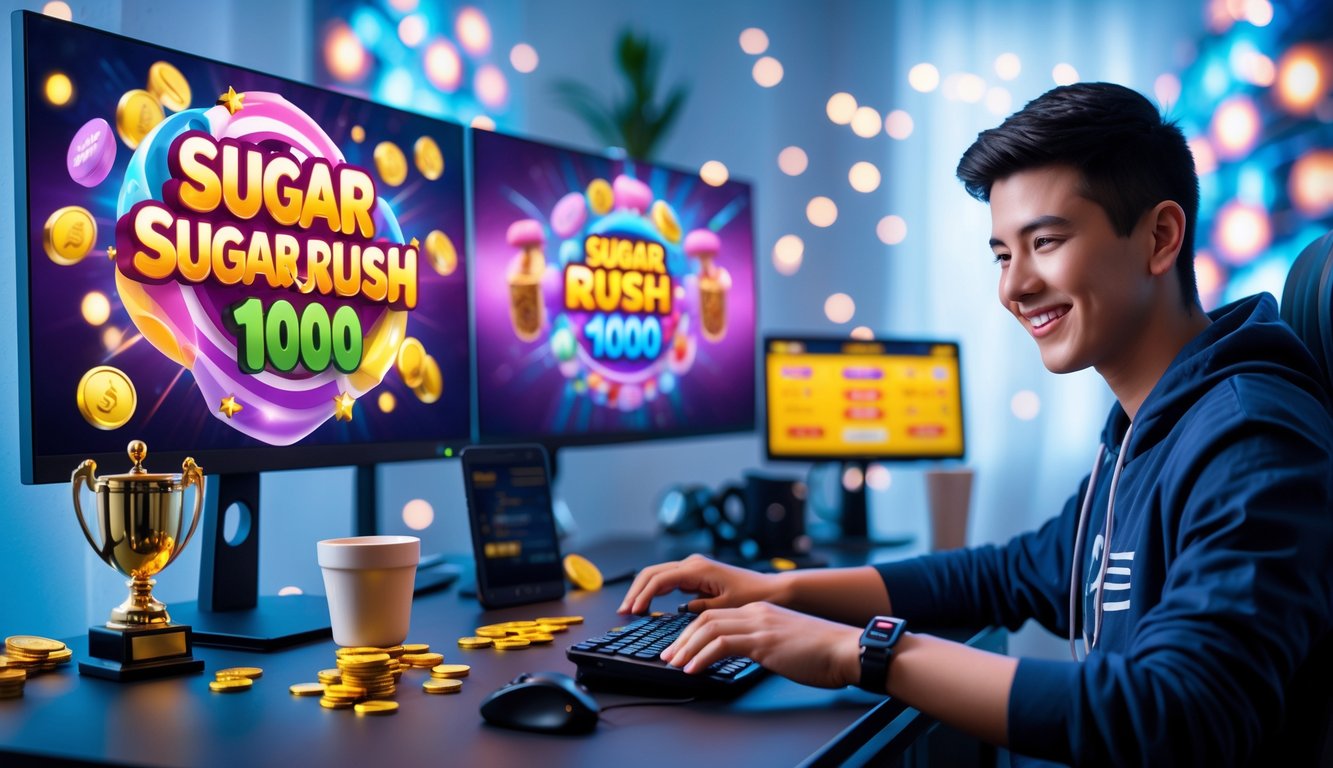 Seorang pemain muda yang percaya diri sedang bermain game slot bertema permen di komputer dengan layar menampilkan koin emas dan simbol jackpot.