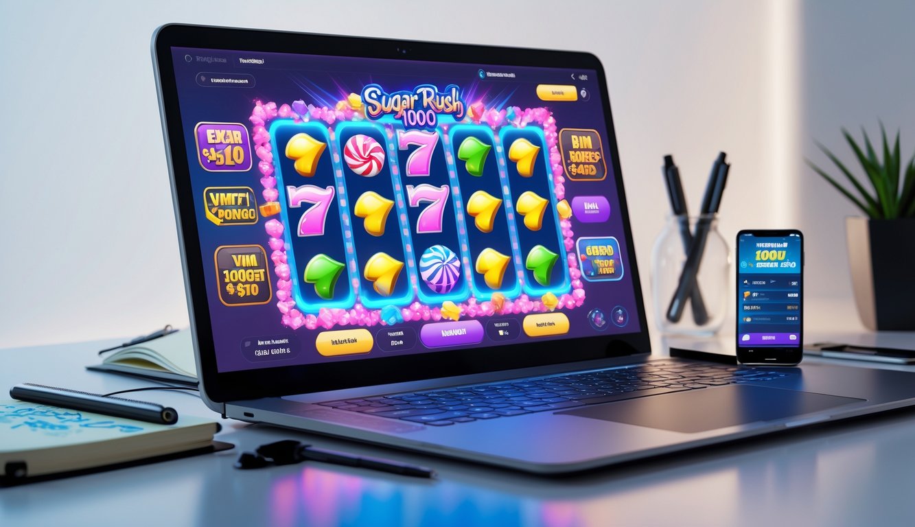 Sebuah meja kerja dengan komputer yang menampilkan permainan slot online bertema permen, dilengkapi dengan buku catatan dan ponsel yang menunjukkan statistik permainan.