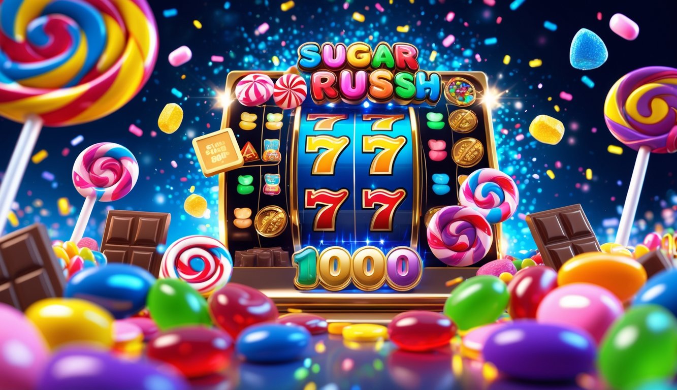 Mesin slot digital dikelilingi oleh permen warna-warni dan koin bersinar dalam suasana permainan yang meriah.