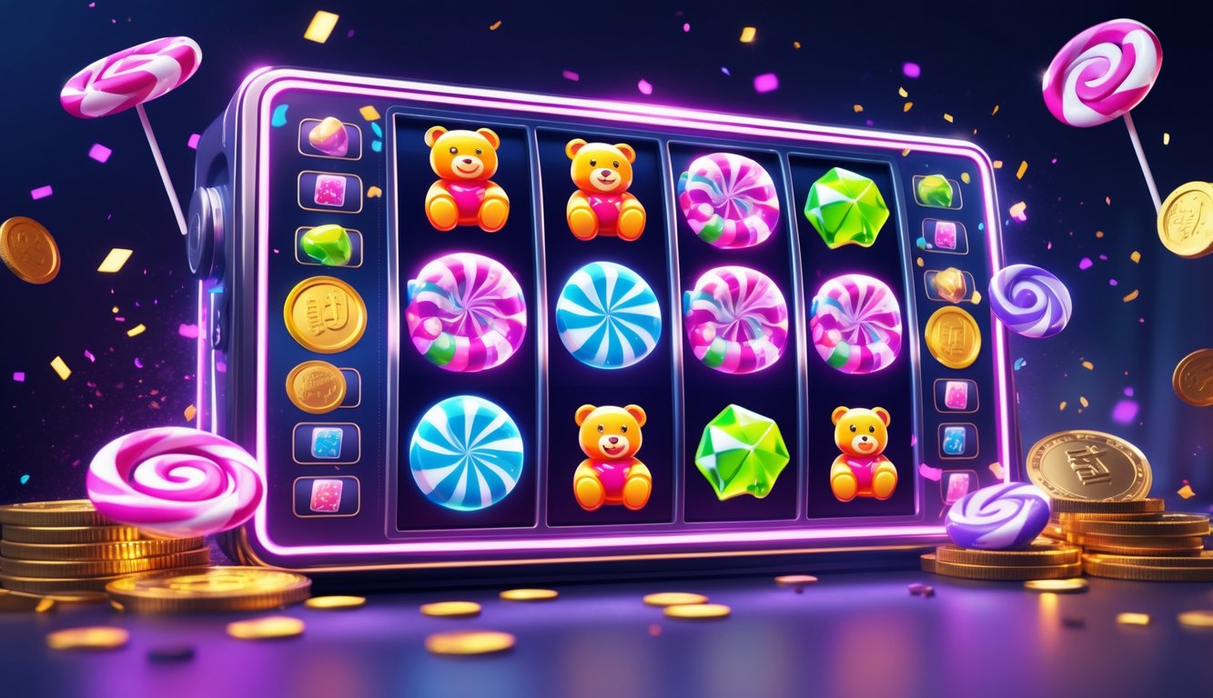 Mesin slot digital berwarna cerah dengan simbol permen dan koin berkilau di latar belakang modern.