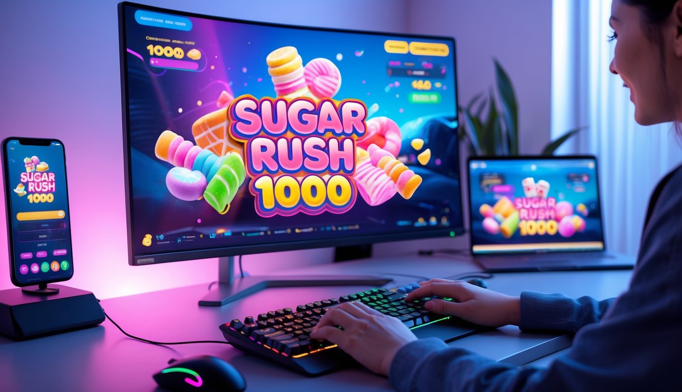 Seorang pemain sedang menggunakan komputer dengan layar menampilkan permainan bertema permen dan gula, di ruang kerja yang rapi dengan pencahayaan lembut berwarna merah muda dan biru.