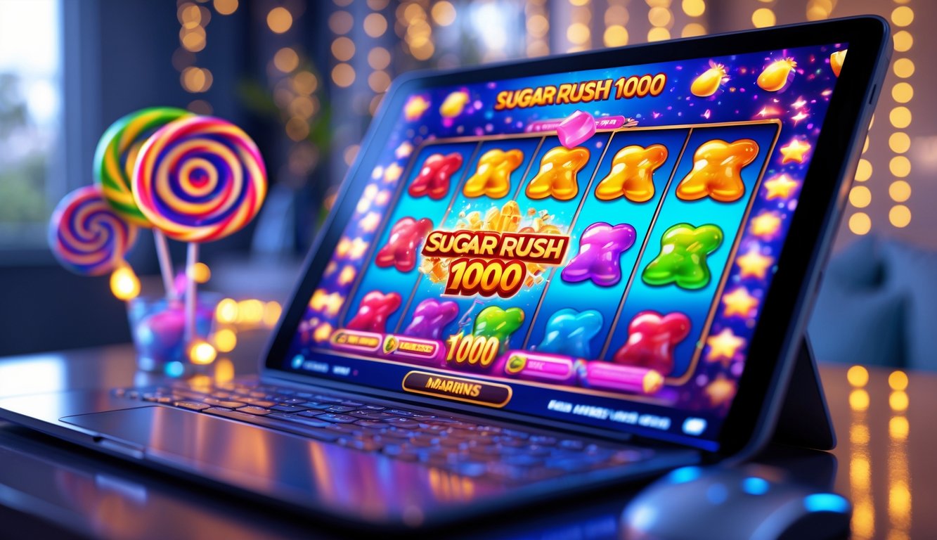 Layar perangkat menampilkan permainan slot online bertema permen dengan simbol berwarna-warni dan latar belakang yang cerah dan meriah.