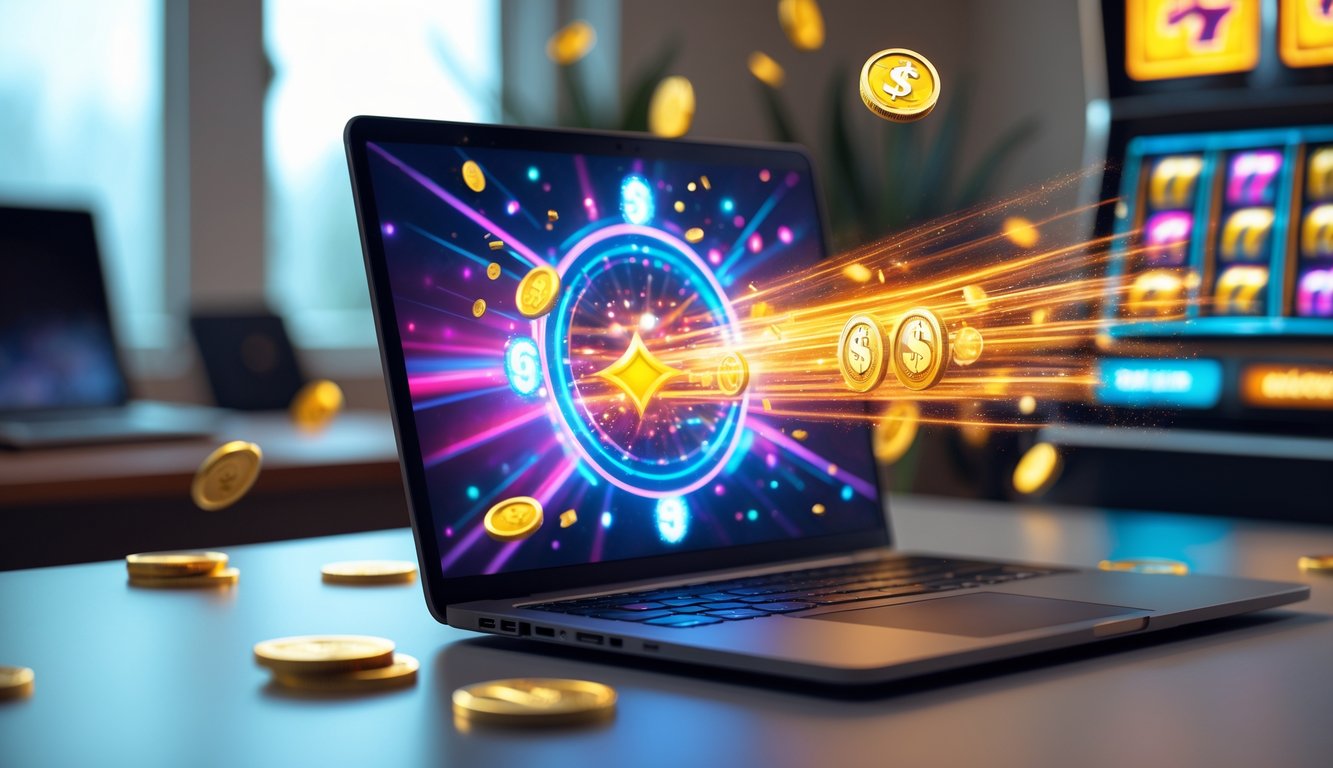 Sebuah laptop modern di atas meja dengan efek digital berwarna-warni yang menunjukkan suasana kemenangan dalam permainan slot online.