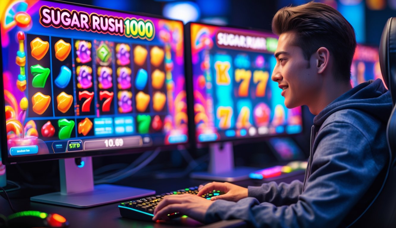 Seorang pemain muda sedang bermain game Sugar Rush 1000 di komputer dengan layar menampilkan grafik mesin slot warna-warni dan suasana gaming yang menarik.