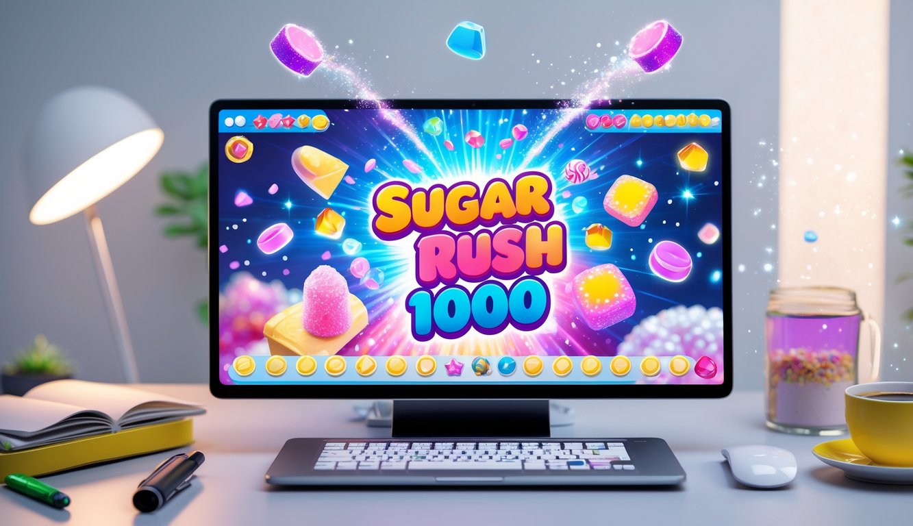 Sebuah layar komputer menampilkan permainan bertema permen dengan alat tulis dan kopi di meja, menggambarkan panduan lengkap untuk pemula.