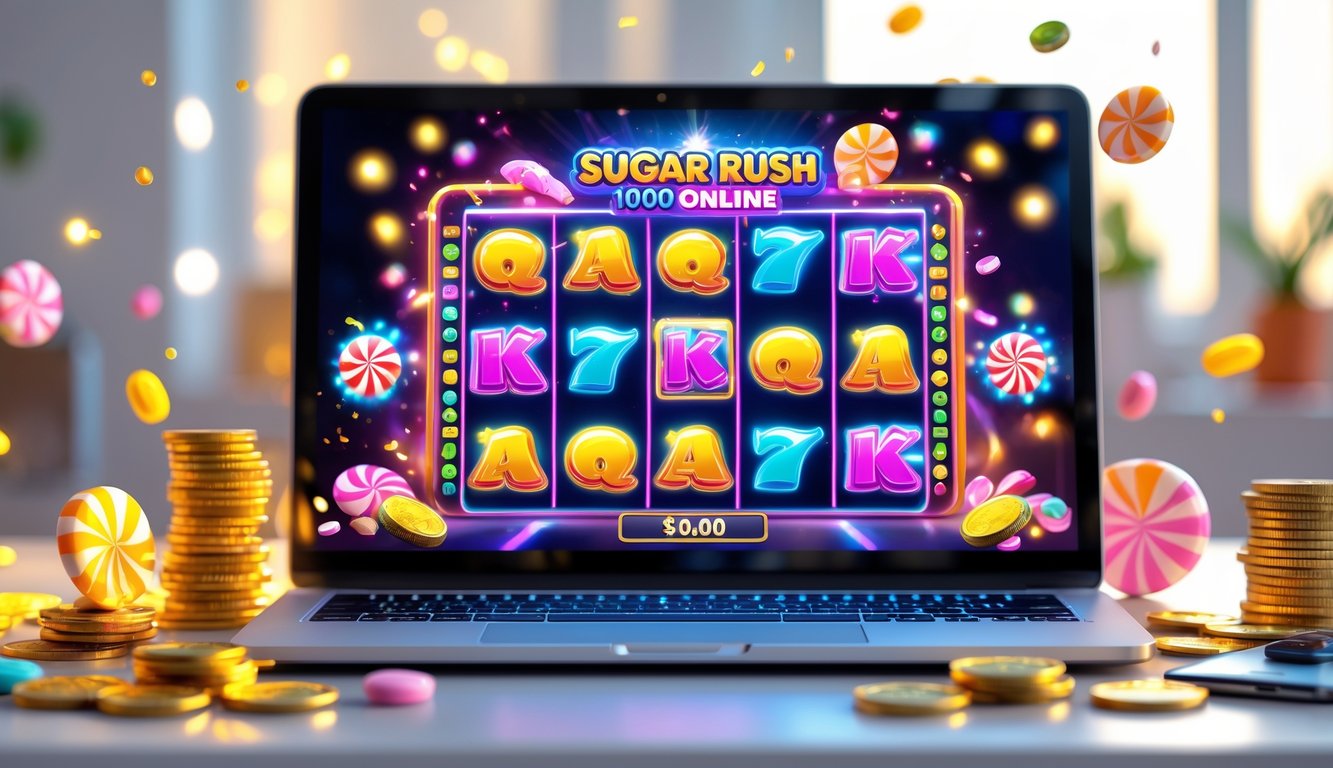 Sebuah komputer menampilkan permainan mesin slot bertema permen berwarna-warni dengan koin dan permen di sekitarnya.