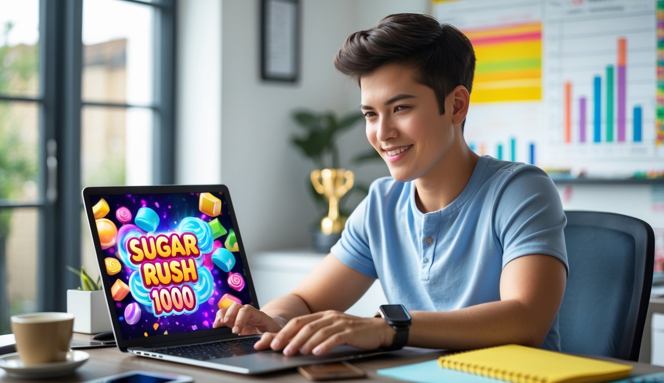 Seorang dewasa muda duduk di meja dengan laptop yang menampilkan permainan slot bertema permen, terlihat fokus dan bersemangat merencanakan strategi menang.