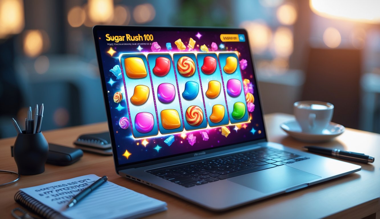 Seorang pemain sedang bermain game Sugar Rush 1000 di laptop dengan suasana ruang kerja yang rapi dan nyaman.