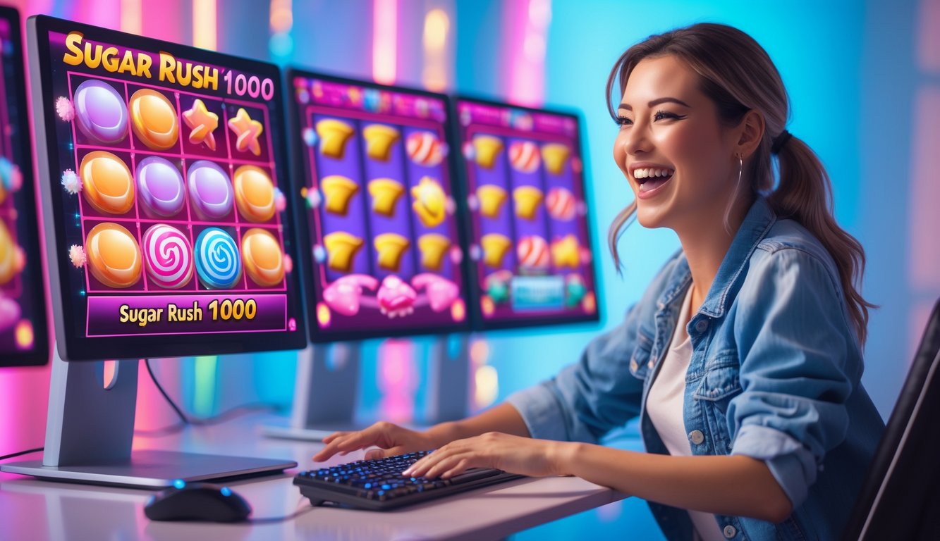 Seorang pemain dewasa sedang bermain game slot online bertema permen di komputer dengan ekspresi antusias dan fokus.