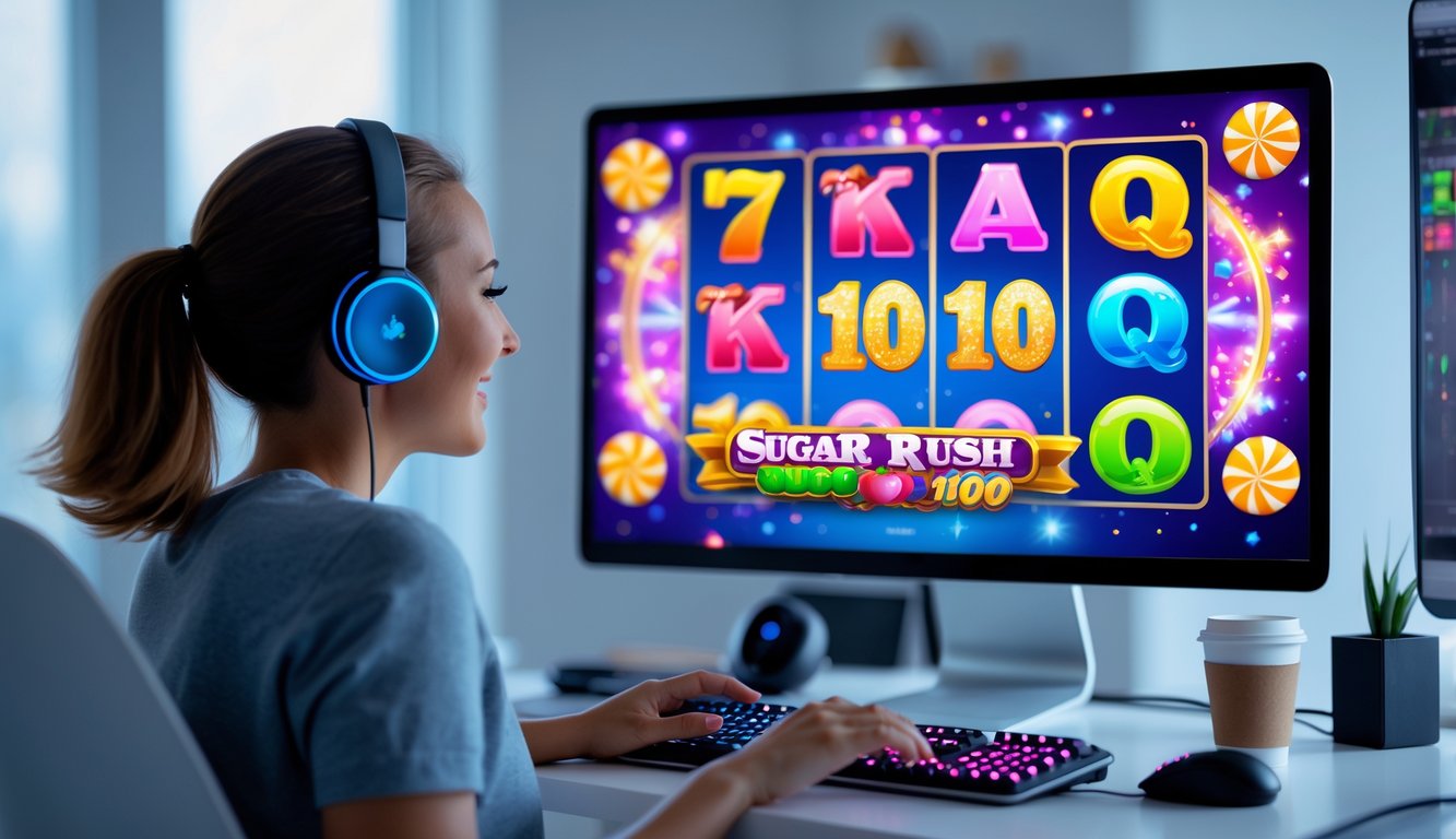 Seseorang sedang duduk di meja komputer modern bermain permainan slot online bertema permen dengan ekspresi fokus dan senang.