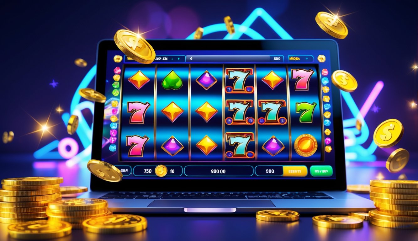 Layar komputer menampilkan mesin slot berwarna-warni dengan koin emas dan ikon bonus di sekitarnya, menggambarkan suasana permainan kasino online yang penuh semangat.