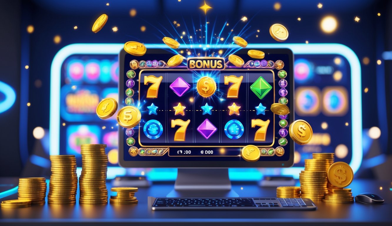Layar komputer atau ponsel menampilkan permainan slot online dengan koin dan simbol bonus di latar ruang bermain modern.