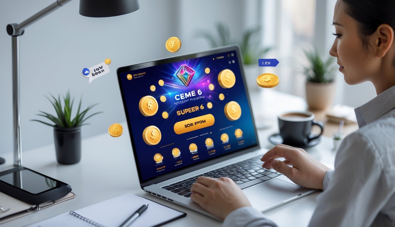 Seseorang menggunakan laptop di meja kerja dengan tampilan permainan online di layar, menunjukkan suasana percaya dan fokus.